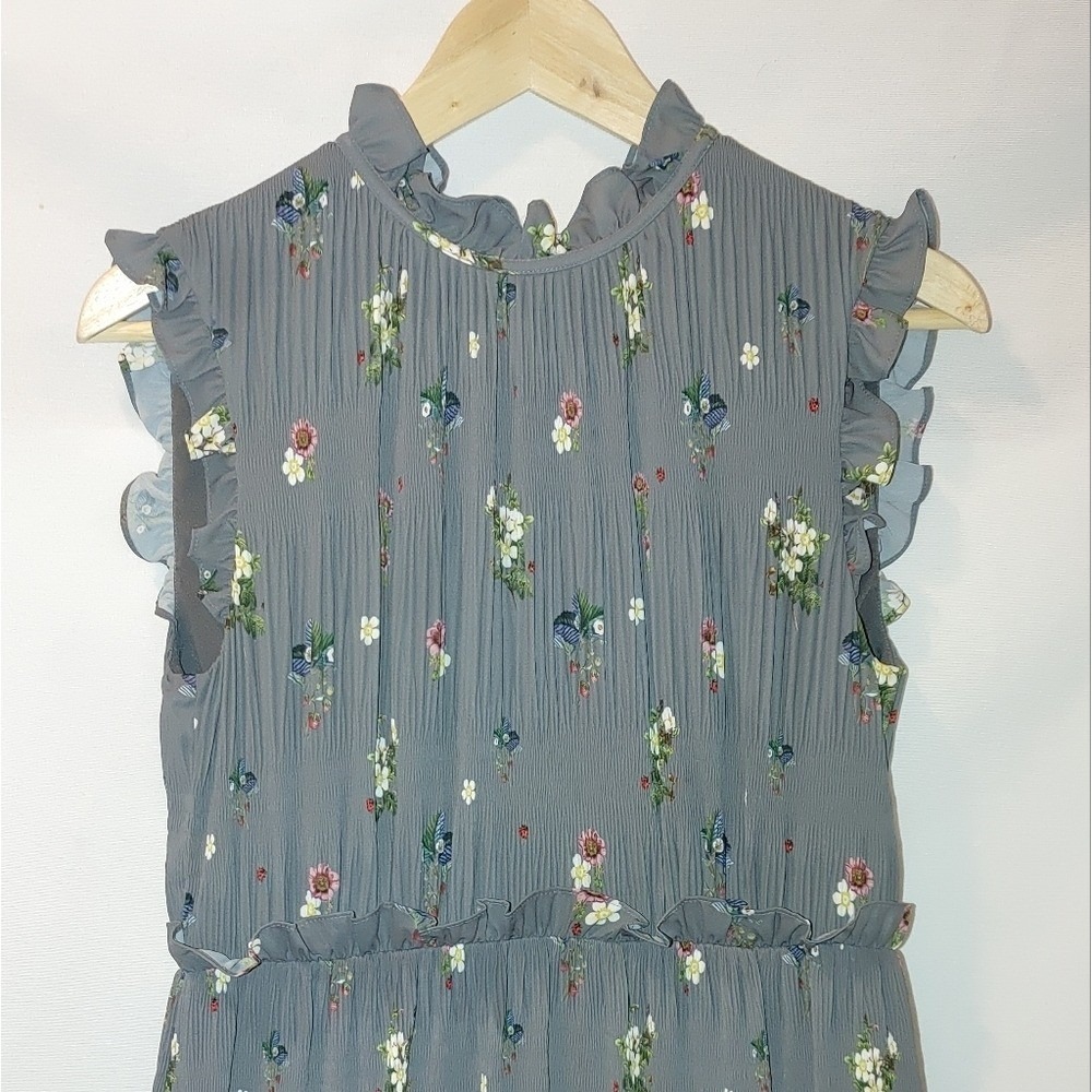 Ted‎ Baker Oracle Mock Neck Midi Ruffle Gray Pleated Sleeveless Cream Floral 1 4 - Picture 3 of 15